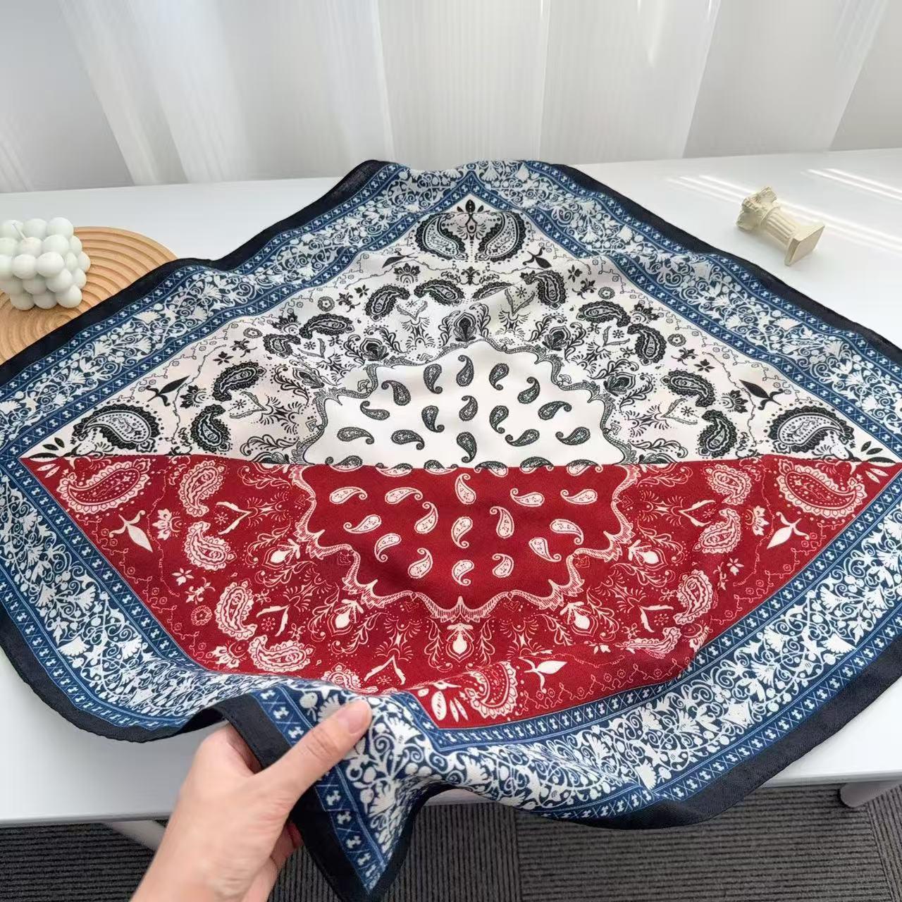 Autumn Herringbone Cashew Flower Silk Scarf - Elegant Color Block Design, Perfect Gift for Mom 68cm x 68cm