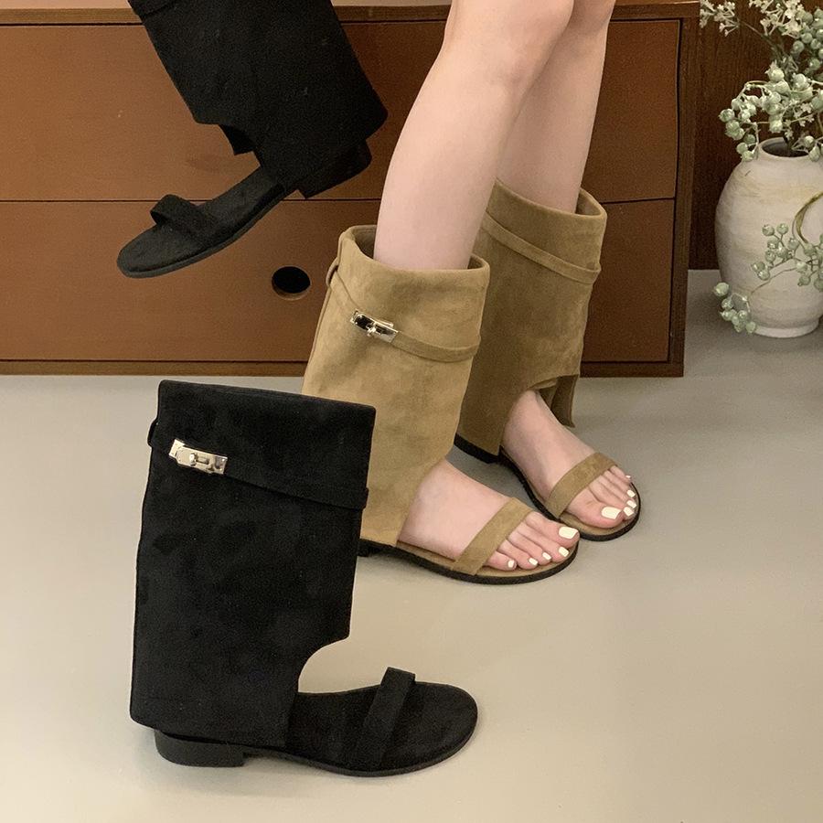 Vintage low-heeled khaki suede open-toed short boots women's 2025 new Spice Girls vacation pant boots sandals cool boots