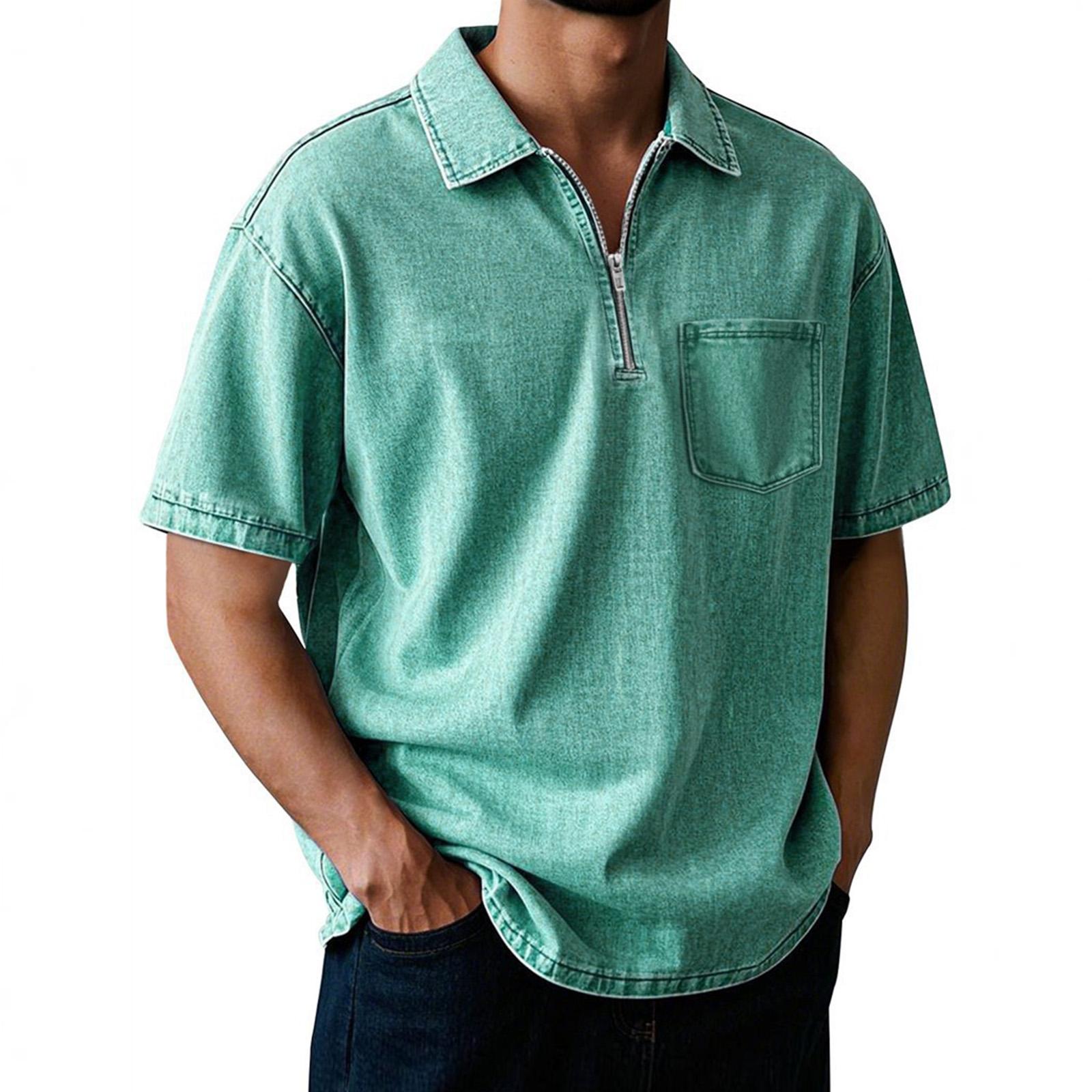 

Relaxed-textured Shirt With Retro Collar, Breathable Men s Short-sleeve T-shirt XXXXXL зелений