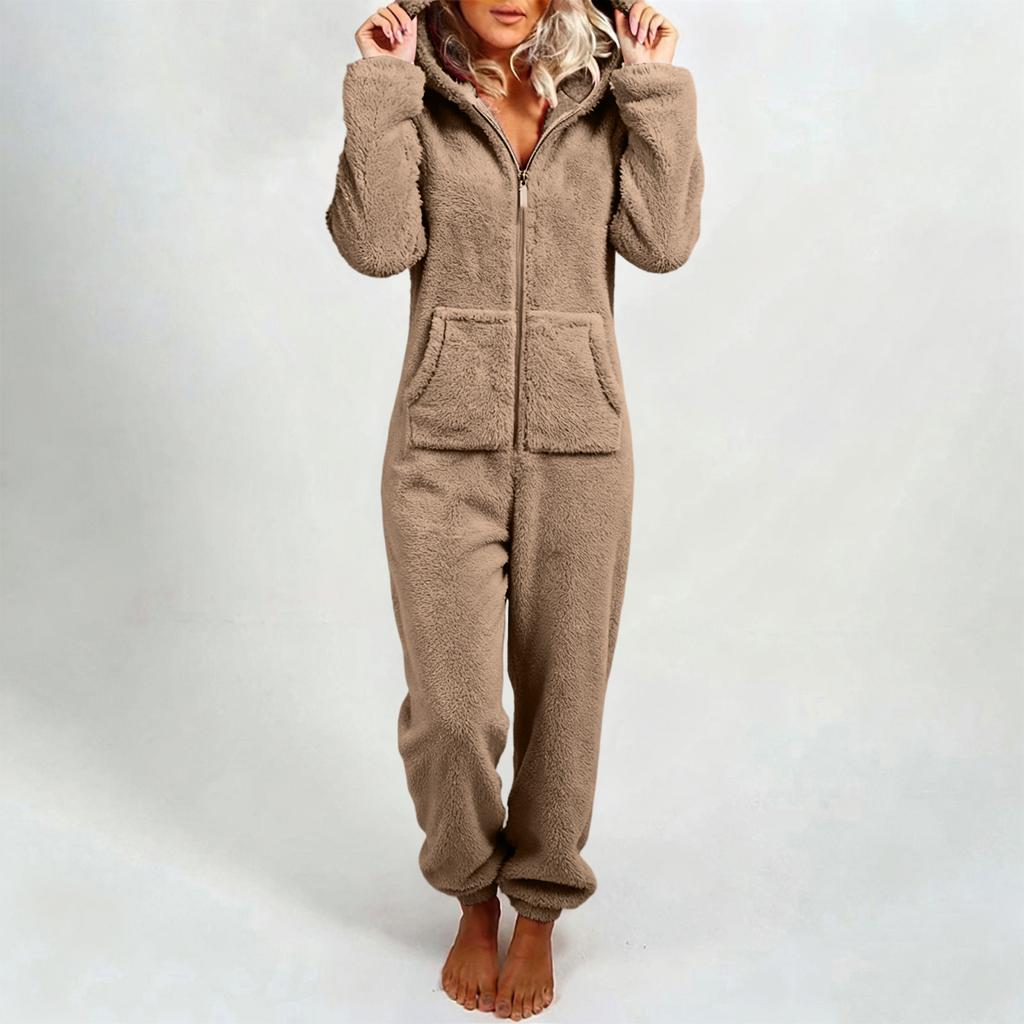Women's Fashion Fleece-Lined Thickened Fleece Hooded Pyjamas With Zip-Up Onesie