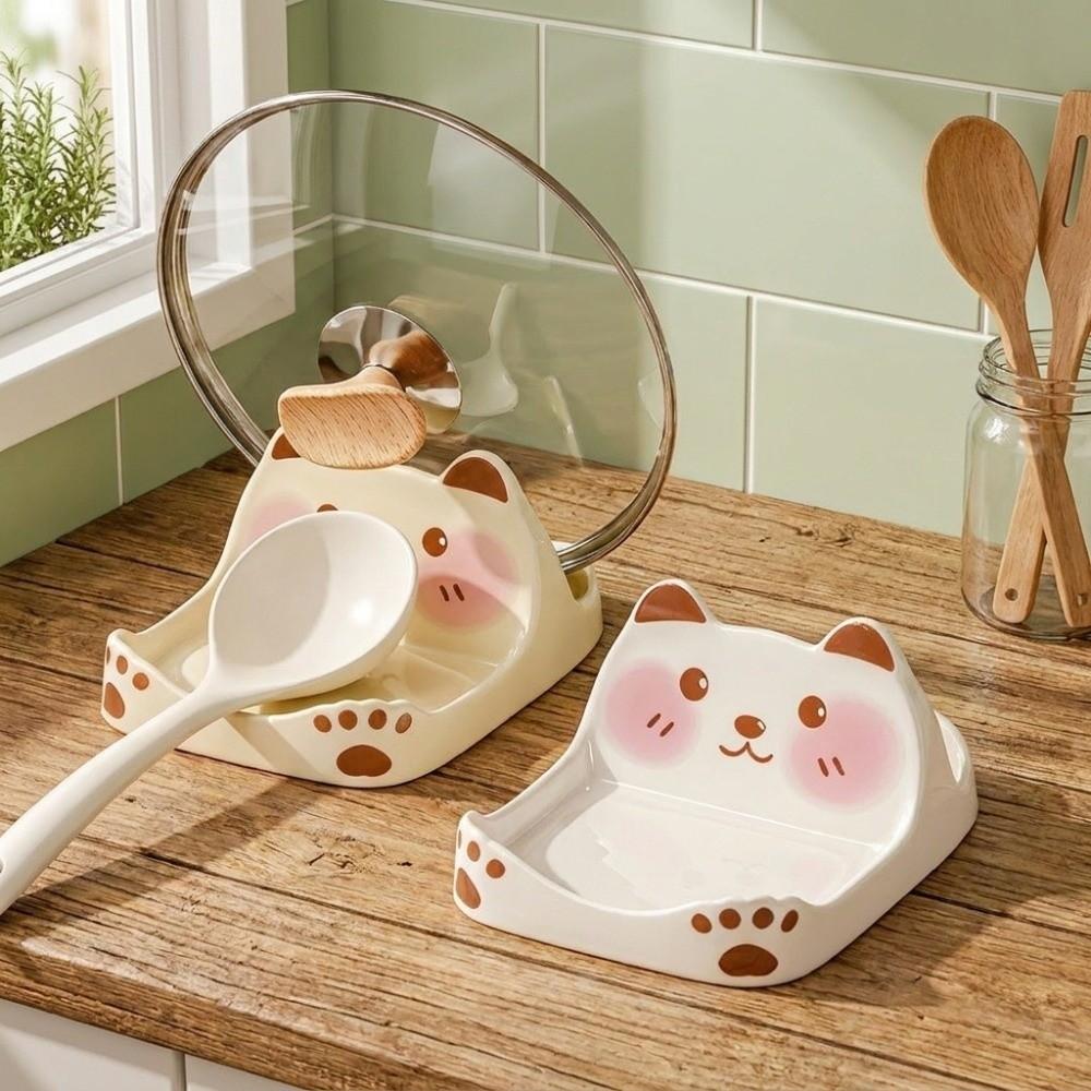 Bear Shape Ceramic Pot Lid Holder Non-Slip Cartoon Spatula Rack Space Saving Easy To Clean Cookware Holder Home Organization