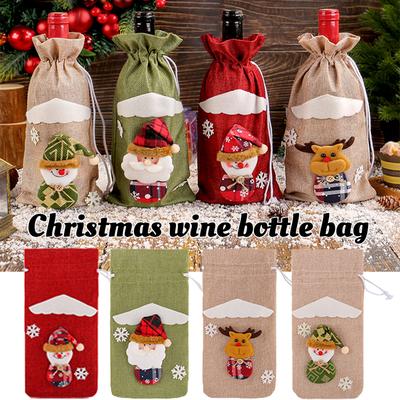 Christmas Linen Old Man Figurine Wine Bottle Cover Holiday Hotel Dining Table Cartoon Three-Dimensional Drawstring Wine Bag