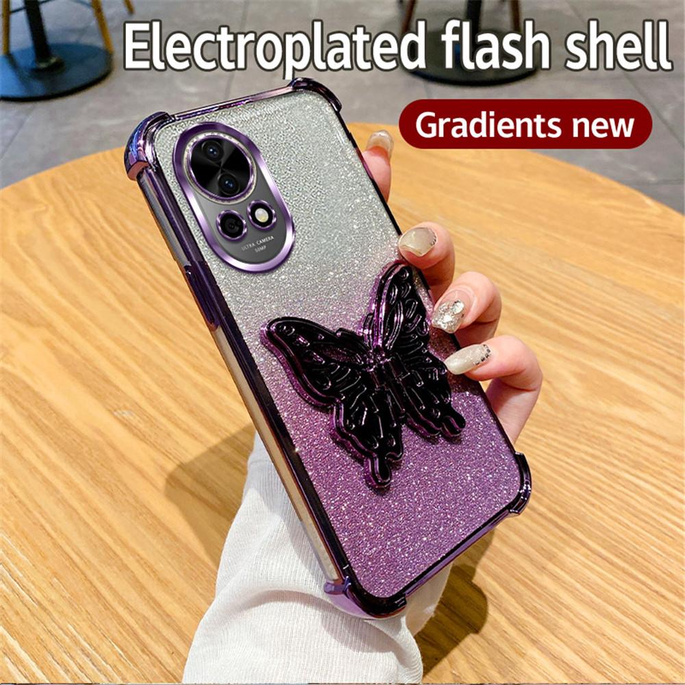 Shockproof Glitter Butterfly Holder Stand Phone Case For Huawei Nova 13 Pro 12 11 10 9 8 7 6 5 Pro SE Plating Soft Silicon Cover