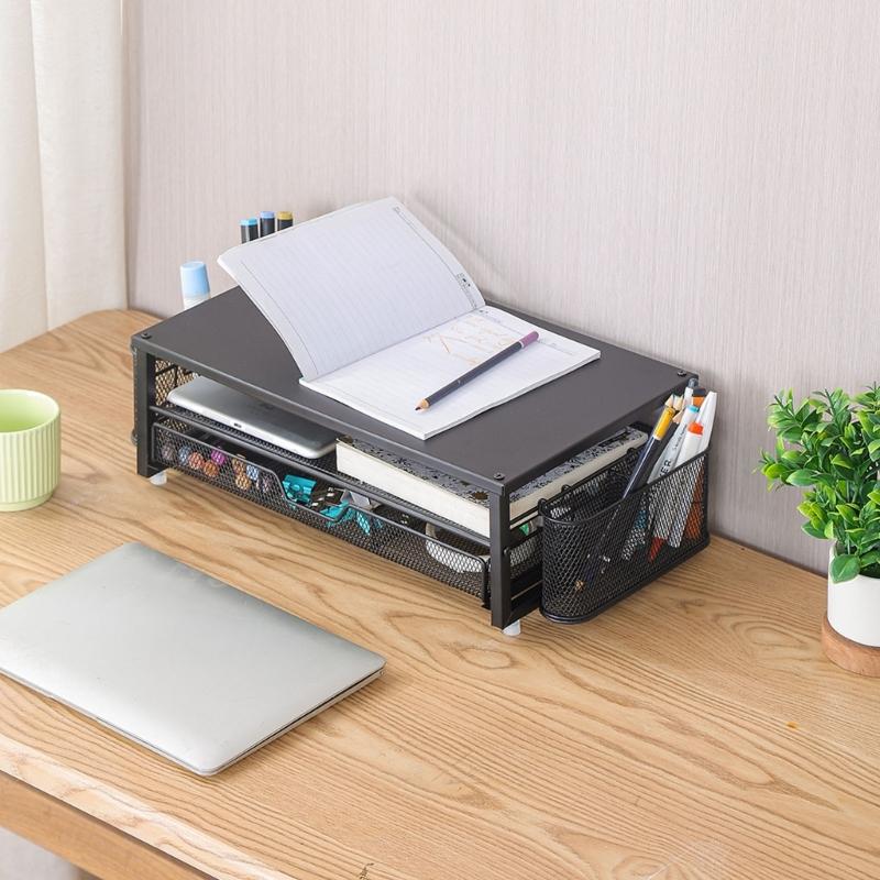 Computer Monitor Stand with Drawer and Side Storage Metal Screen Stand Multifunctional Desk Shelf for Computer Laptop