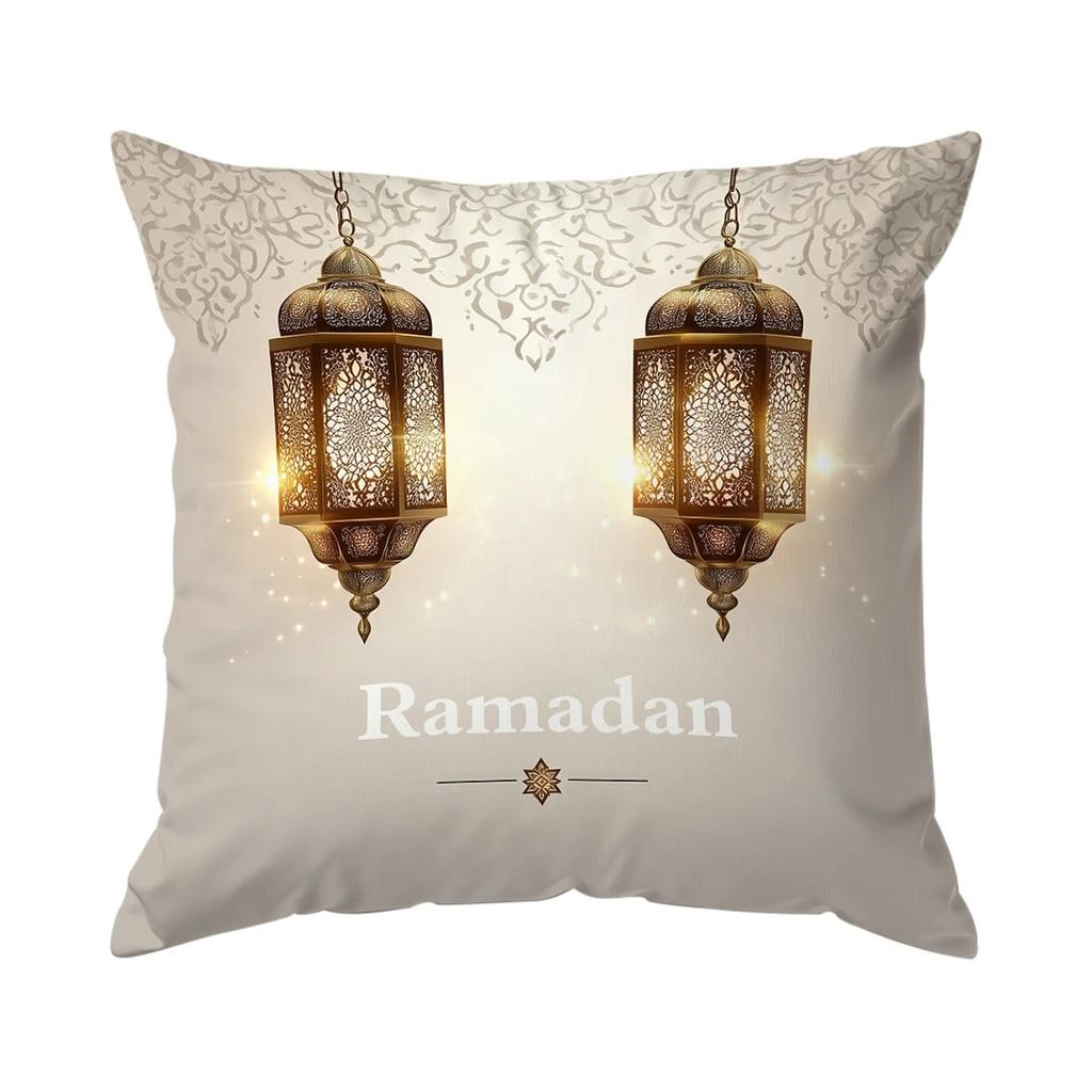 Short Plush Material Pillowcaseramadan Decoration Pillow Cover Crescent Moon Fasting Lamp Pattern Printing Home Room Living Room