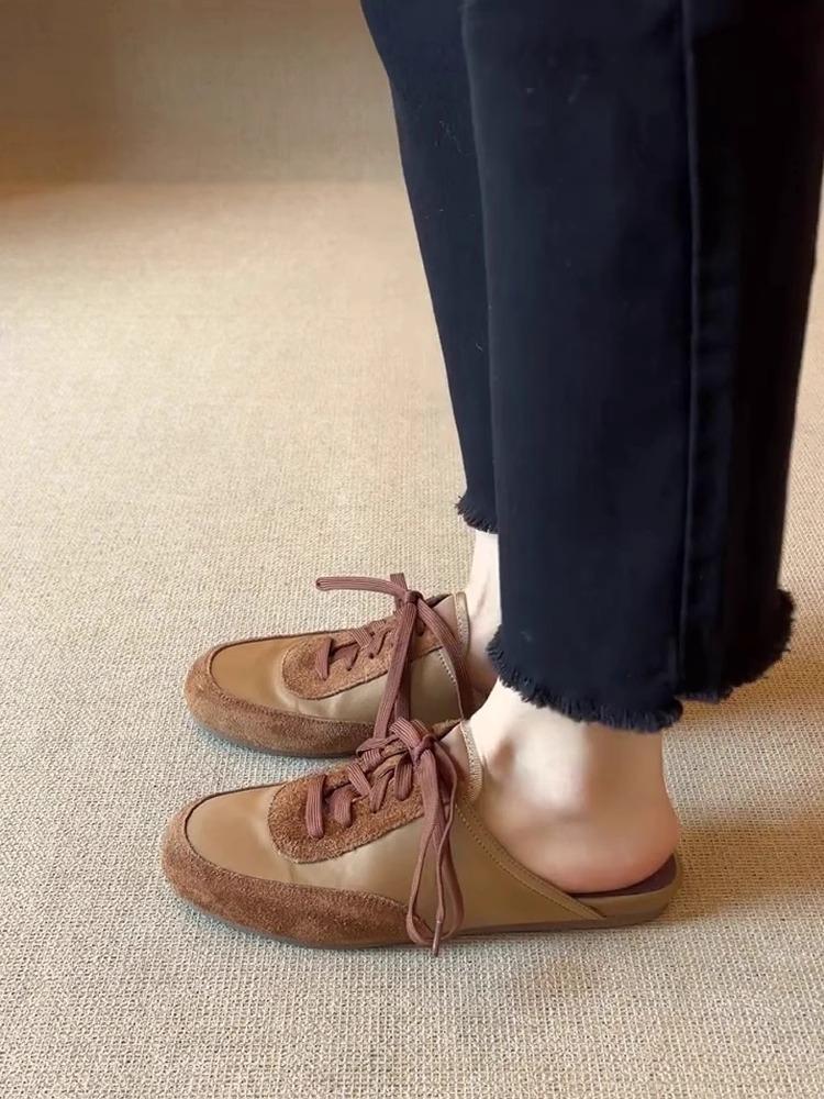 

Sheepskin version~ niche lace-up color matching bag head drag women s one-pedal flat-bottomed half-drag ins sports and leisure style slippers 40