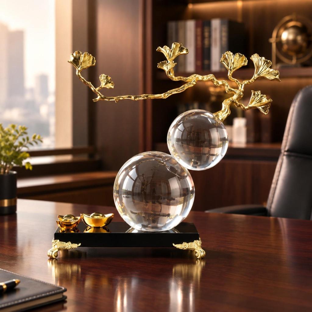Crystal and Alloy Ornament Elegant Tone Ginkgo Sculpture with Base Refined for Office Desk, Console