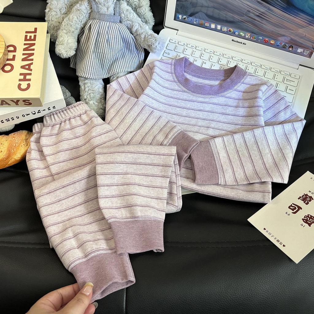 Children's Velvet Cotton Underwear Set: Thickened Autumn Striped Home Wear for Boys and Girls