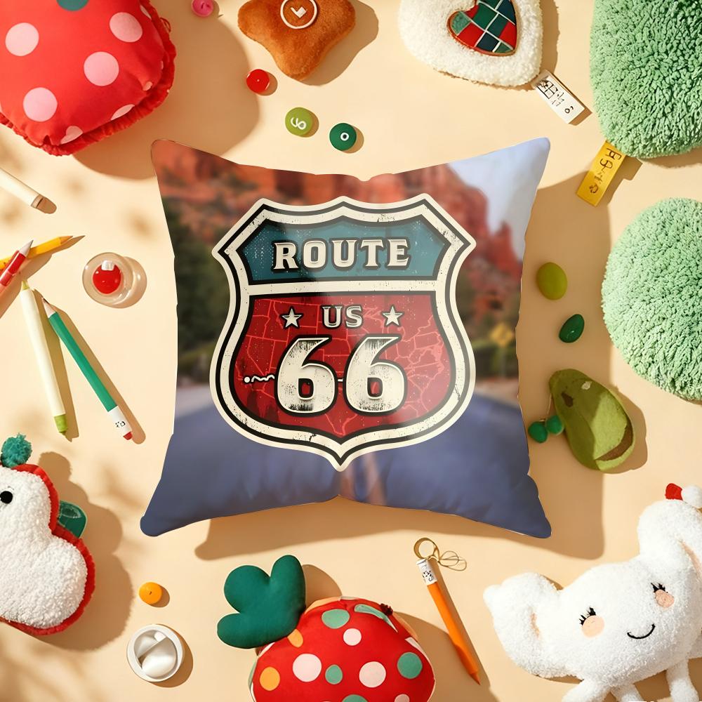 Classic Route 66 Retro Cushion Cover Plush Fabric Soft Double-Sided Printed Sofa Warm Winter Home Gift Pillow Cover