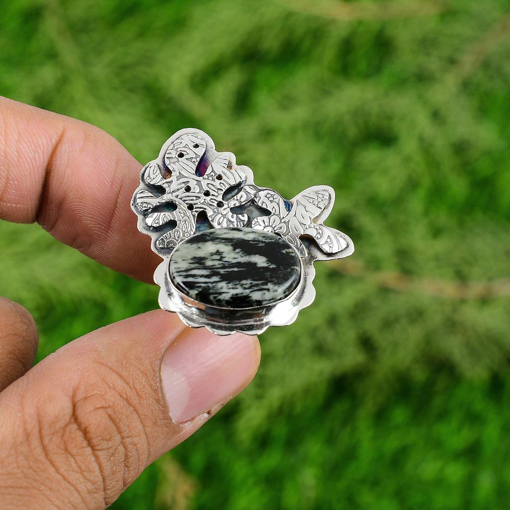 Natural Silver Leaf Jasper Gemstone Multi Stone Adjustable Ring 925 Silver