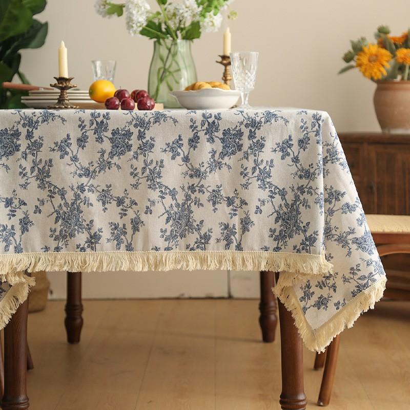 Light Luxury Ins Wind Small Fresh Cotton And Linen Blue Small Floral Tablecloth Rectangular Dining Table Cloth Picnic Cloth Tablecloth