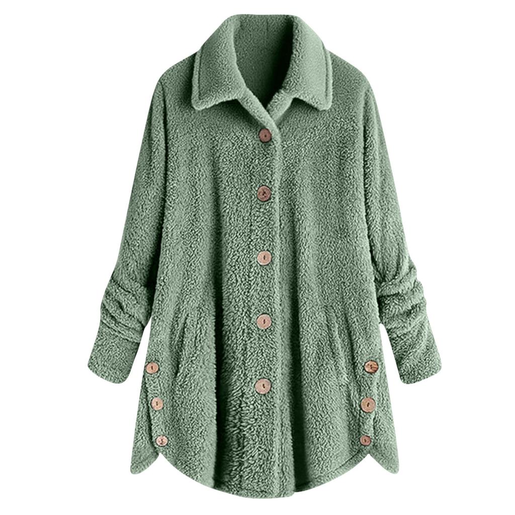 Women's Fashionable Plush Solid Color Button Pocket Lapel Long Sleeved Loose Warm Jacket