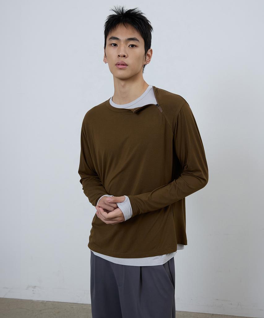 MICHIKO LONDON SPORTS Diagonal Layered Long Sleeve Khaki Brown