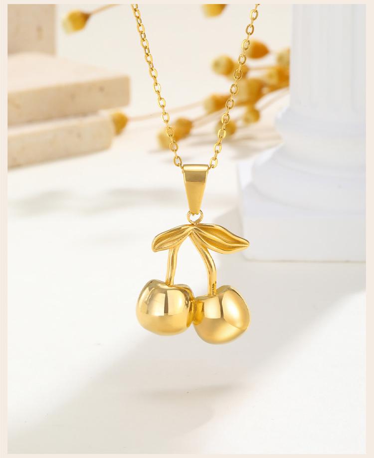 Gold Plated Cherry Pendant Necklace for Women, Cute Fruits Pendant Necklace, Stainless Steel Nickel-free