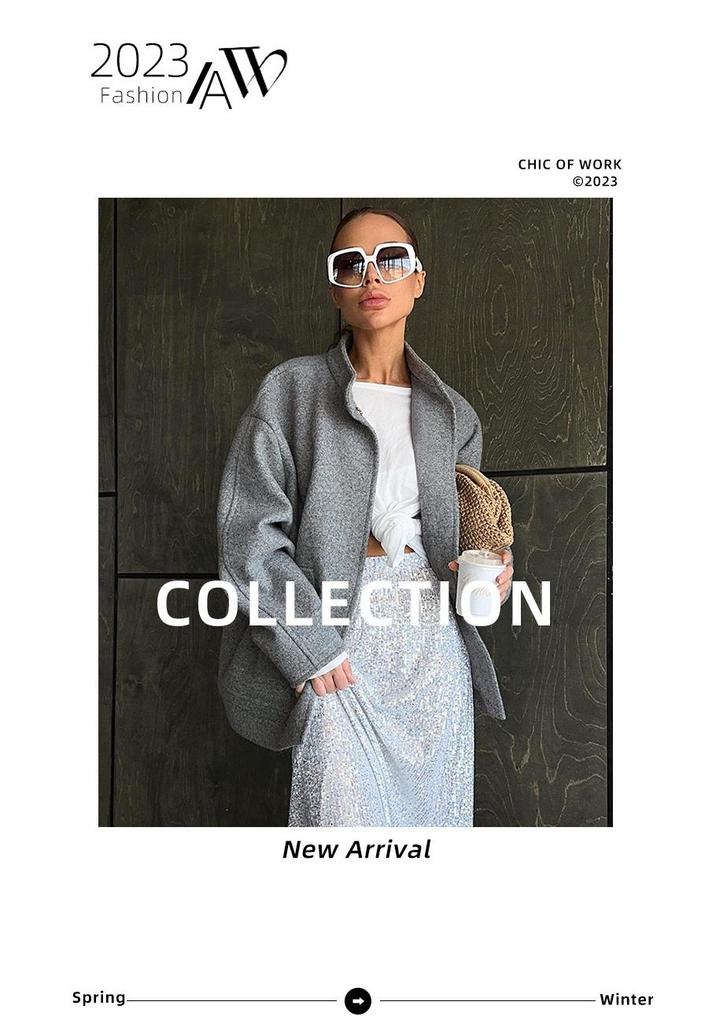 2026 Minimalist Grey Woolen Coat for Women – Early Autumn, Long Sleeve, Stand Collar, Loose Fit, Versatile High-end Top