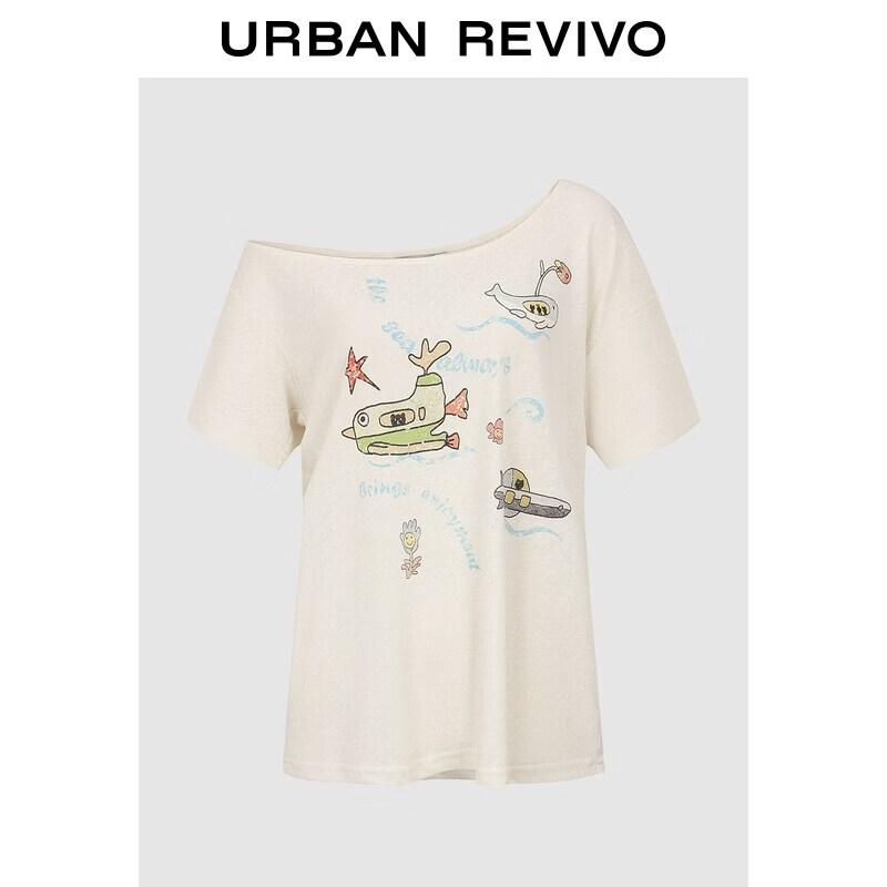 UR2026 Women s Summer Casual Fun Print Asymmetric Shoulder Short Sleeve T-shirt M