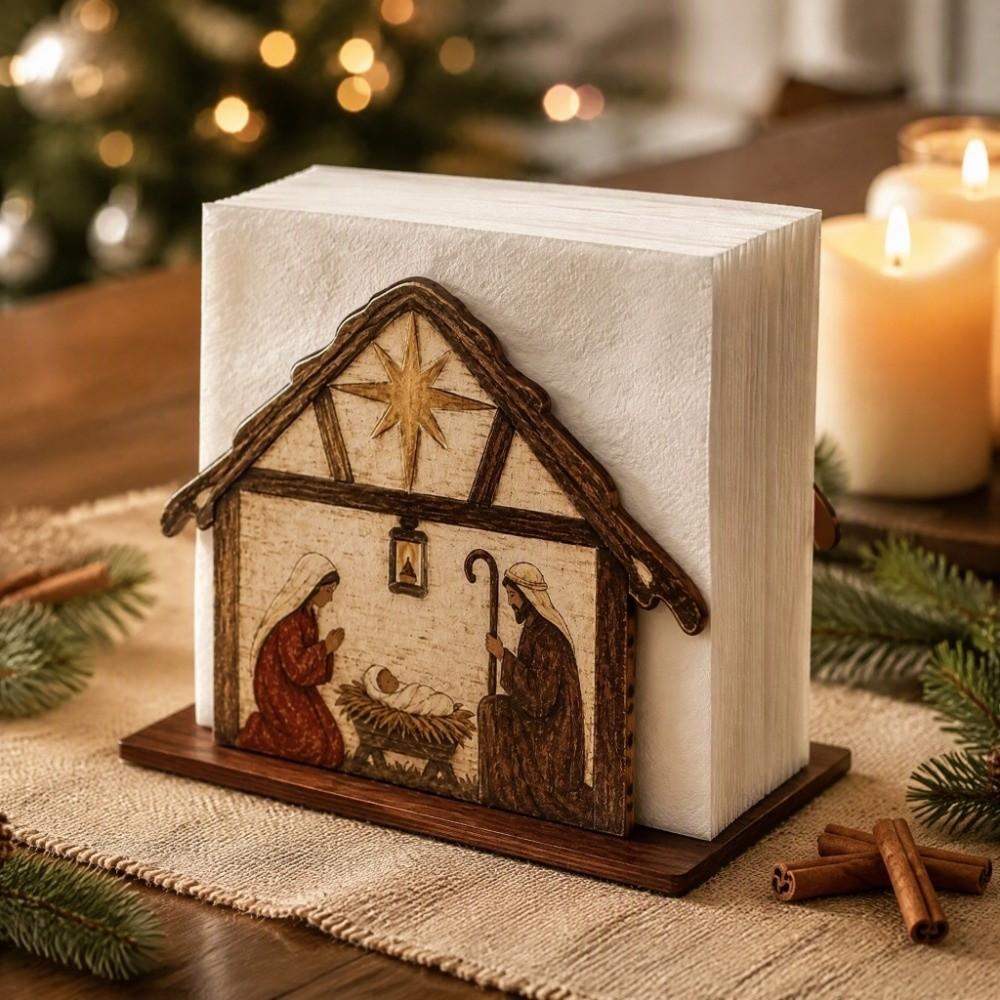 Wooden Christmas Napkin Holder Christmas Nativity Scene Pattern Tissue Organizer Bar