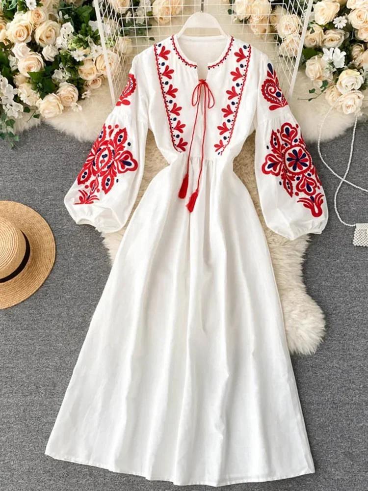 

Women Autumn Dresses Bohemian Embroidered Flower O-Neck Lantern Sleeve High Waist Pleated Dress All-match Female One Size білий