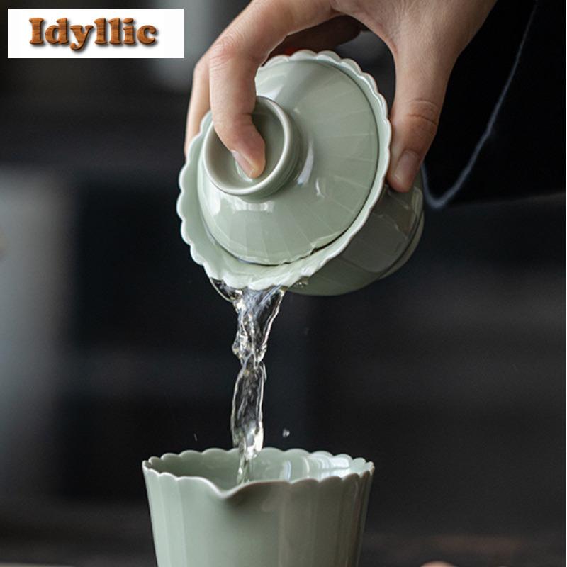 155ml Azure Line Flower Mouth Gaiwan Creative Tea Tureen Tea Bowl With Lid Kit Tea Brewing Cover Bowl Chinese Tea Set Decoration