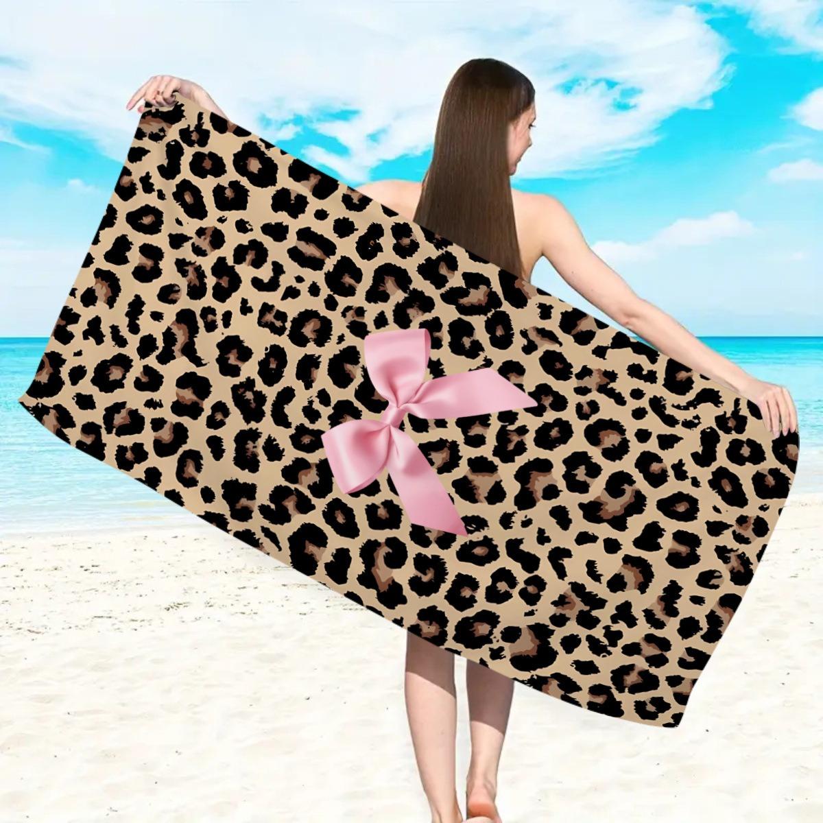 Leopard Print Beach Towel with Pink Bow, Quick Dry Soft Cotton, Stylish Leopard Print with Bow Accent for Summer Pool Use 50X100cm &1pc