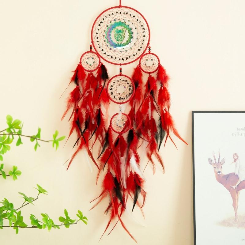 3D Rotating Colorful Owl Dreamcatchers Windchimes with Feathered Wall Hanging Decoration for Bedroom and Living Room