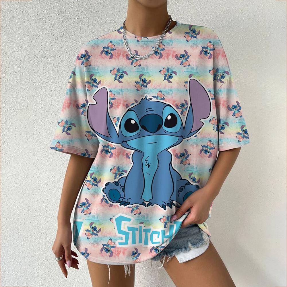 Kawaii Women's T-shirt Disney Lilo&Stitch Casual Y2k T-shirt Round Neck Short Sleeved T-shirt 2025 Summer Women's Clothing