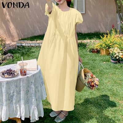 Women Short Sleeve Drawstring Waist Soft Casual Ruffled Pleated Dress