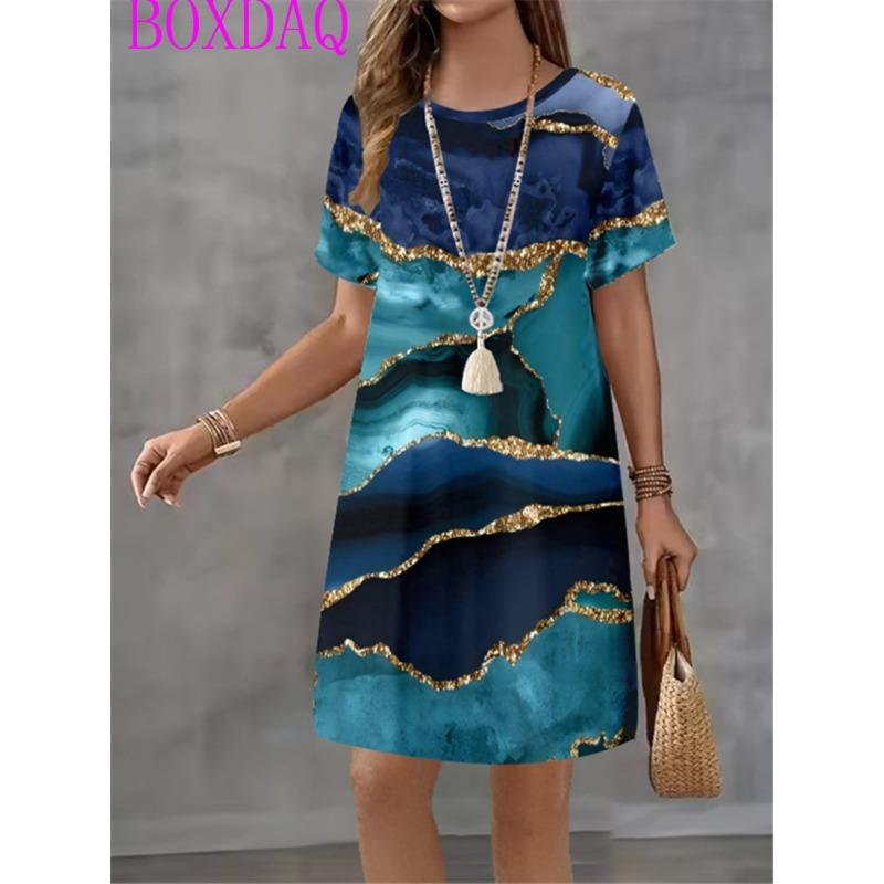 Alphabet Music Symbols Patterns Women Dress Summer Loose Casual Gradient Stripe Print Mini Dress Woman Short Sleeve A-Line Dress