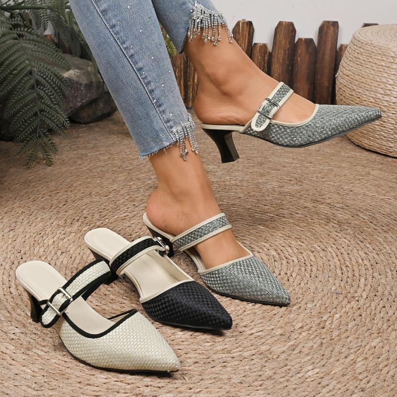 Fashion Summer New Color Block Toe High Heels Pointed Toe Shallow Mouth Metal Buckle Anti-slip and Wear-resistant Slippers