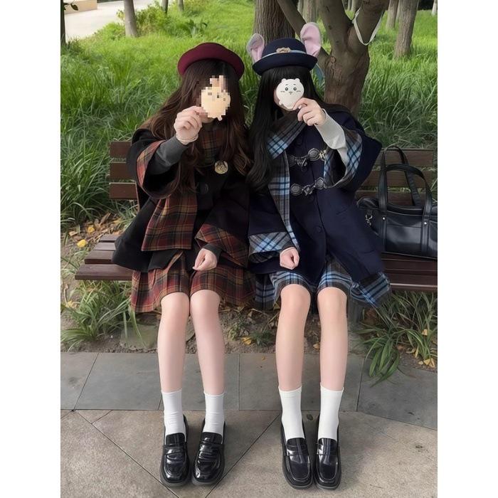 

Petite Women s Autumn/Winter JK Uniform Set: Toggle Coat & Plaid Pleated Skirt Large