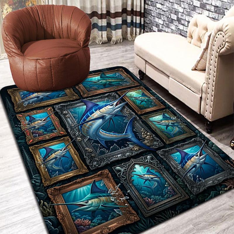 Marlin Fish Art Collection Pattern Rug Floor Mat for Living Room or Bedroom Soft and Comfortable Carpet a Gift for Birthday and Holiday.