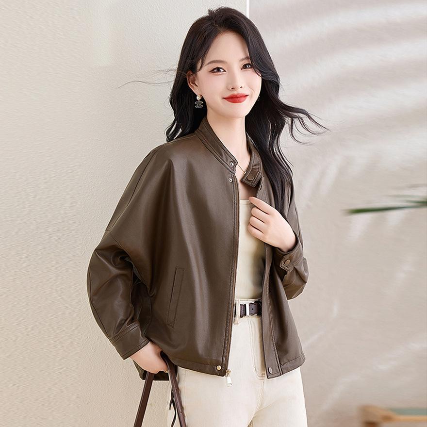 Leather jacket women's short spring and autumn new loose fashion stand-up collar jacket jacket small casual motorcycle clothes