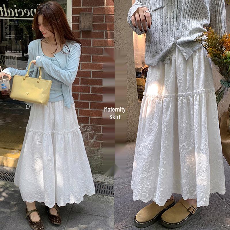 Maternity Spring/Summer Romantic Jacquard Lace Midi Skirt - Petite Women s White Cake Skirt 2XL