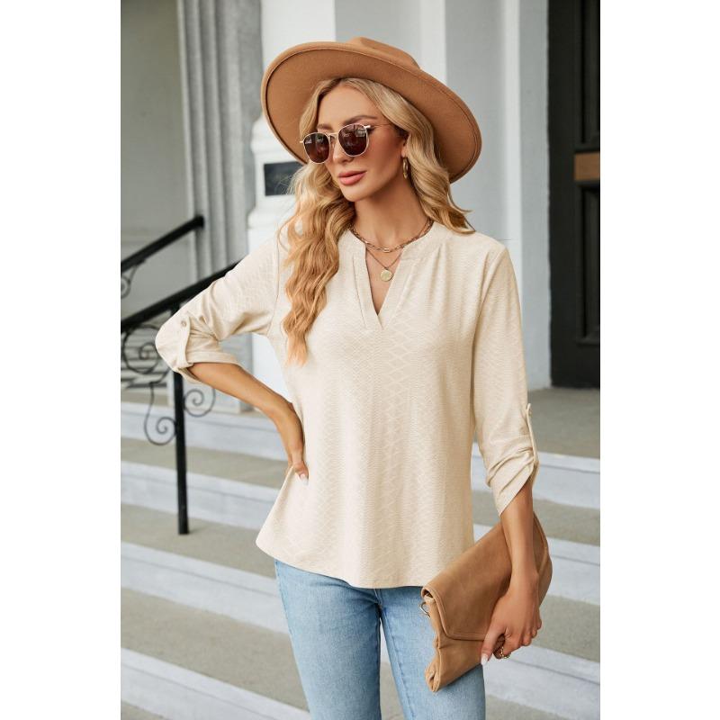 Damen Unifarben V-Ausschnitt Dreiviertelarm Locker Lässig T-Shirt Top