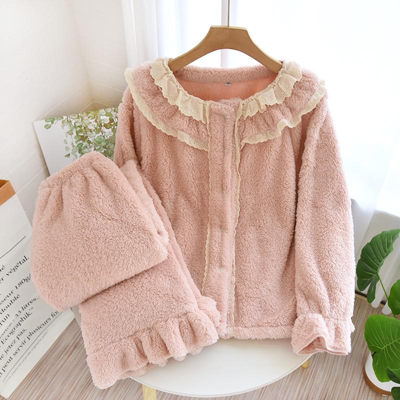 Novo Conjunto de Pijama de Lã Coral de Inverno para Mulheres Espessado Lã Plus Size Feminino Botão Sólido Gola Redonda Casa Pijama de Pelo