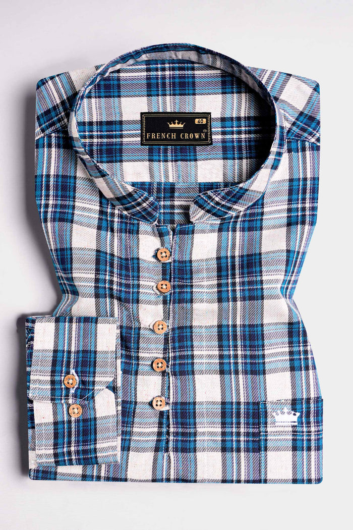 Ярко-белая твиловая рубашка-курта из хлопка премиум-класса с клеткой из черных и ледниково-голубых нитей 40