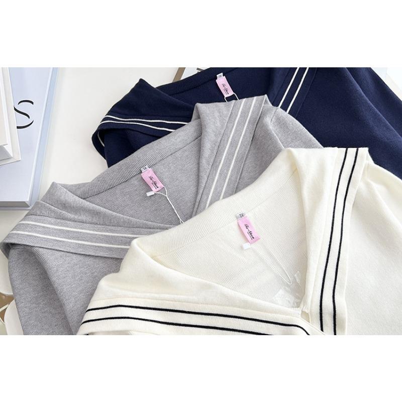 Plus Size Women Ribbon Sailor Collar Long Sleeve Knit Sweater