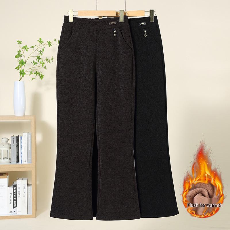 Mom's Warm Velvet High-Waist Flared Pants - Autumn/Winter, Elastic, Loose Fit for Middle-Aged & Elderly Women