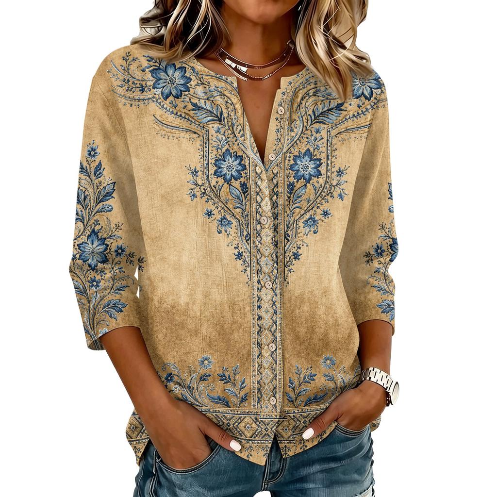 Women's Cotton Linen Printed Shirt with Three-Quarter Sleeves