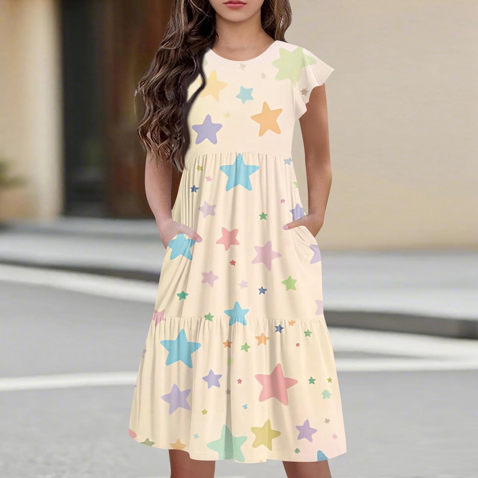 

Детская юбка с круглым вырезом, плиссированная, с коротким рукавом, юбка принцессы, модное повседневное платье с карманами для девочек 140 бежевый