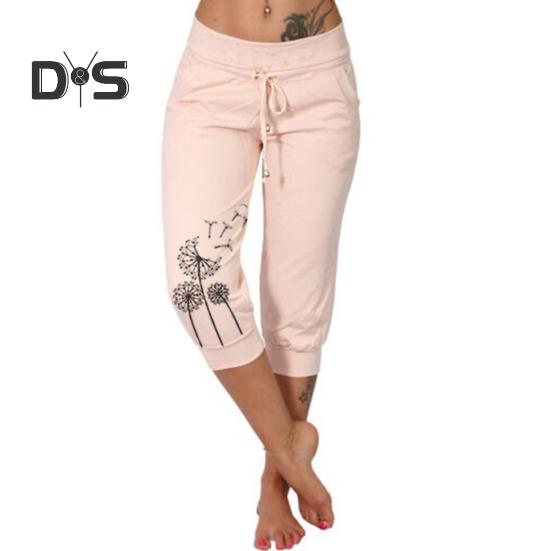 Kvinner Cropped Bukser Snøring Midje Sommer Harem Bukser Løvetanntrykk Uformelle sporty bukser med lomme for kvinner