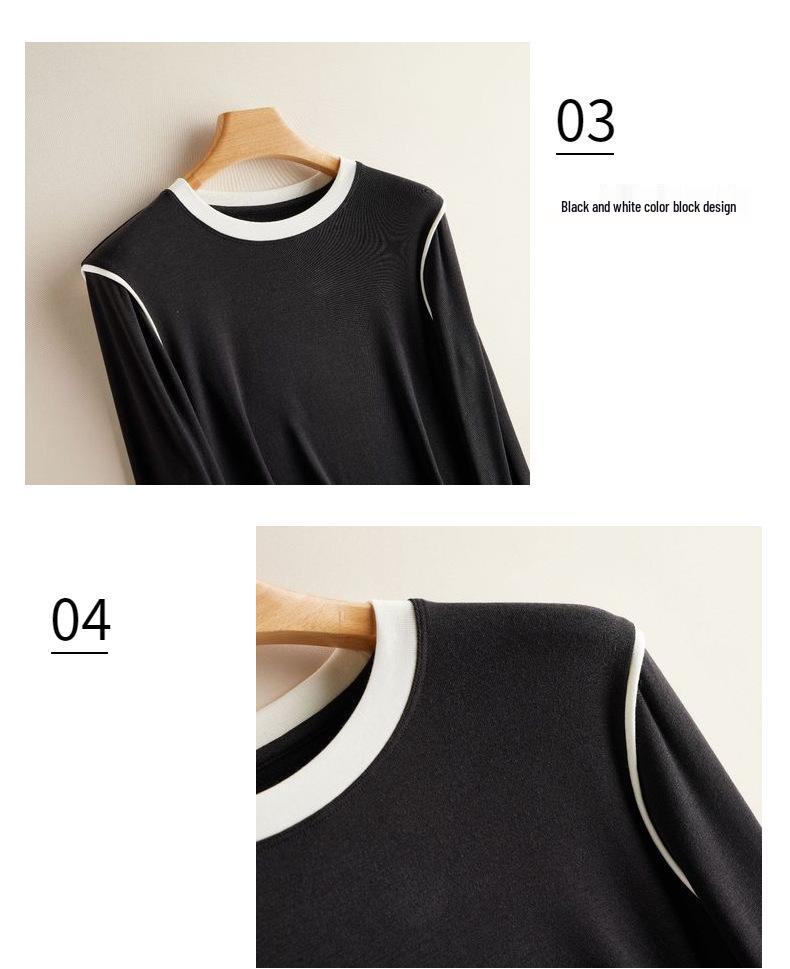 Women's Classic Black & White Color Block Crew Neck Long Sleeve T-Shirt - Spring Collection Wool Acetate Lyocell Base Layer