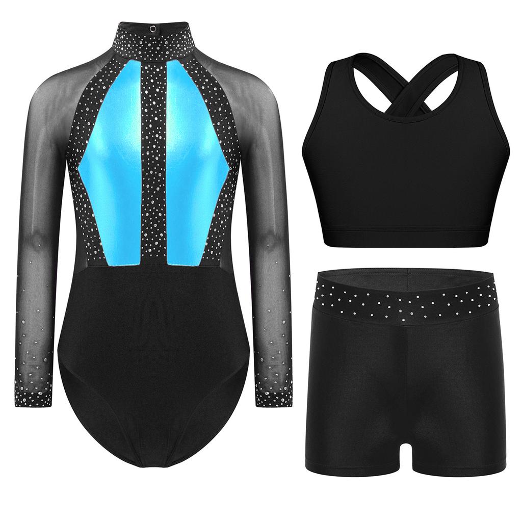 Mädchen Gymnastik Tanz Outfit Netz Langarm Strassstein Unitard Kreuzrücken Weste Bund Shorts