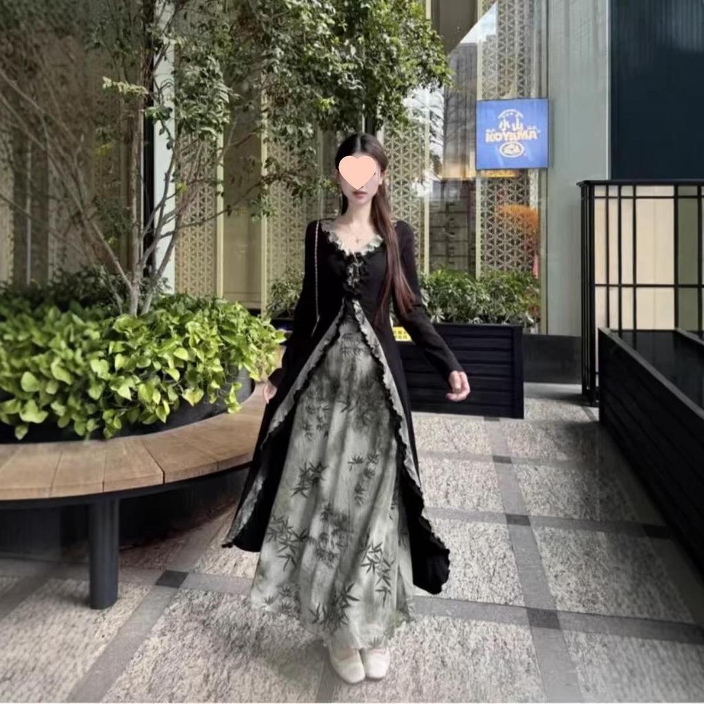 Rochie A-line pentru femei plus-size, toamnă, formă de pară - Stil național chinezesc, Design subțietor din două piese