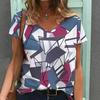 Women Print V Neck Short Sleeve Casual Loose Tunic Tops