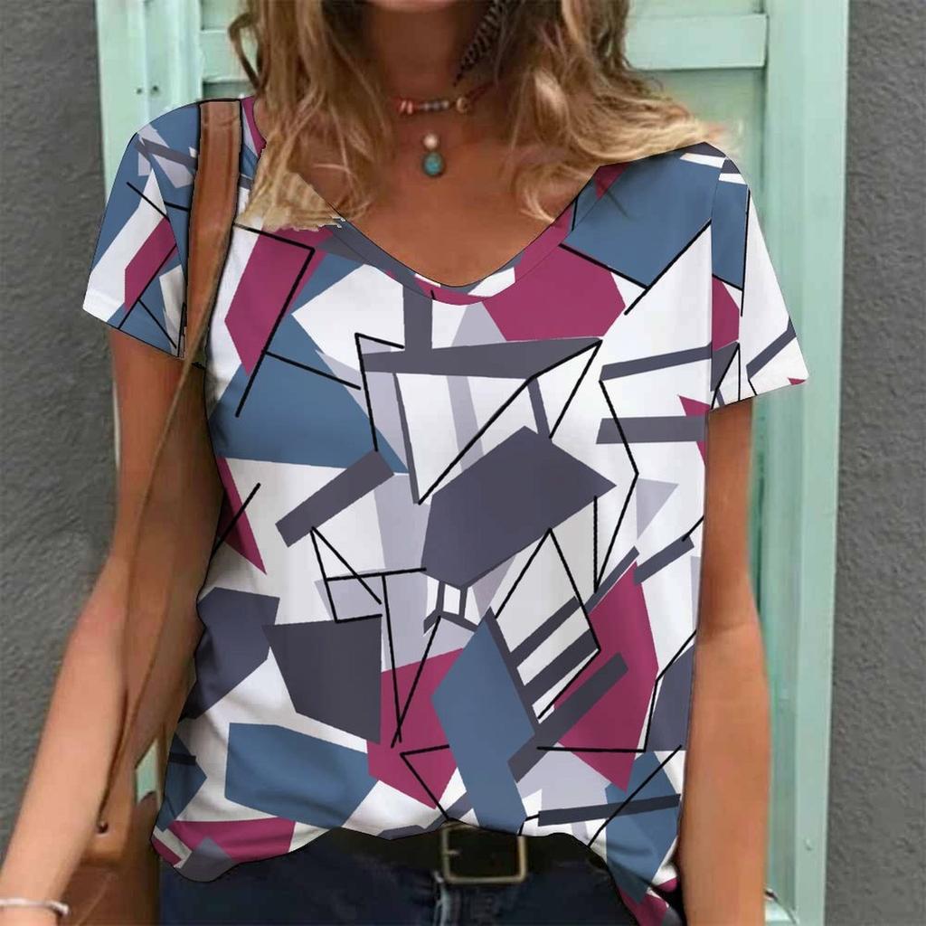 Women Print V Neck Short Sleeve Casual Loose Tunic Tops
