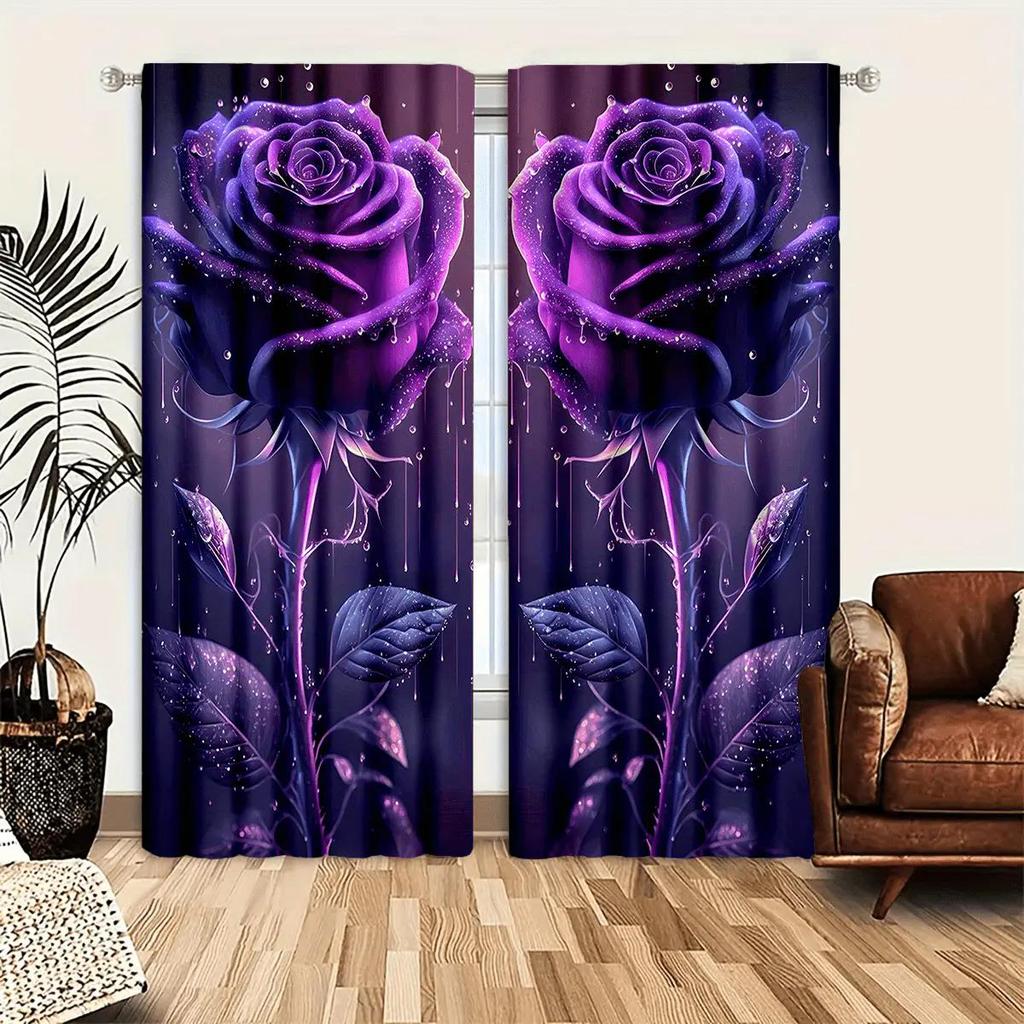 Elegant Purple Rose Pattern Printed Curtains, Pole Bag Bedroom and Living Room, Home Decoration, Room Decoration