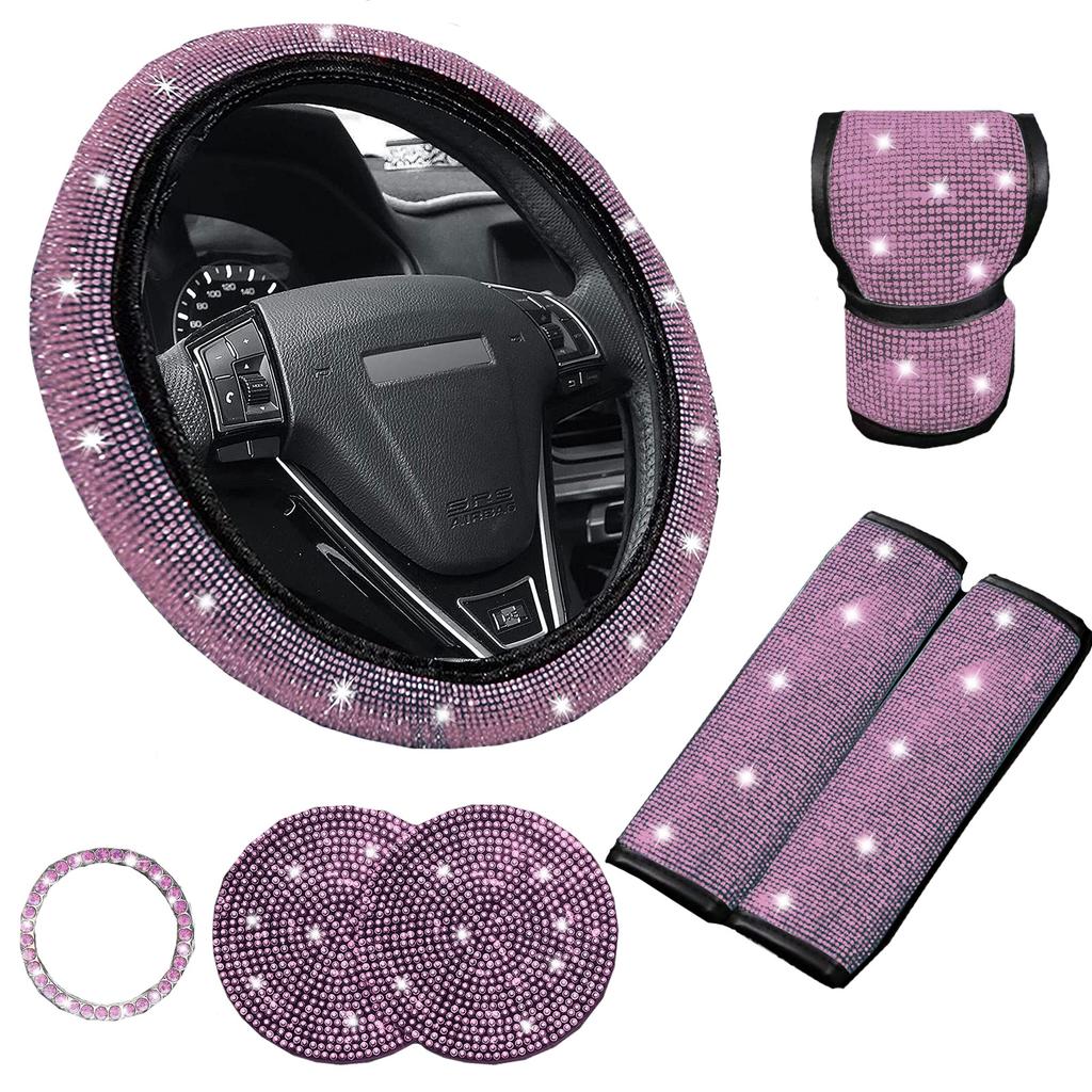 7Pcs/Set Shiny Rhinestones Car Steering Wheel Safety Belt Shifter Cover Cup Mat Start Button Ring Kit
