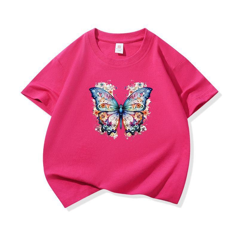 Kids Cotton T Shirt Blue Colorful Floral Butterfly Print Crew Neck Short Sleeve Tee Casual Boys Girls Summer Tops