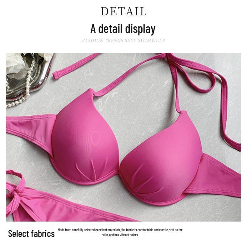 Rose Red Three-Piece Swimsuit Bikini with Underwire for Small Chest